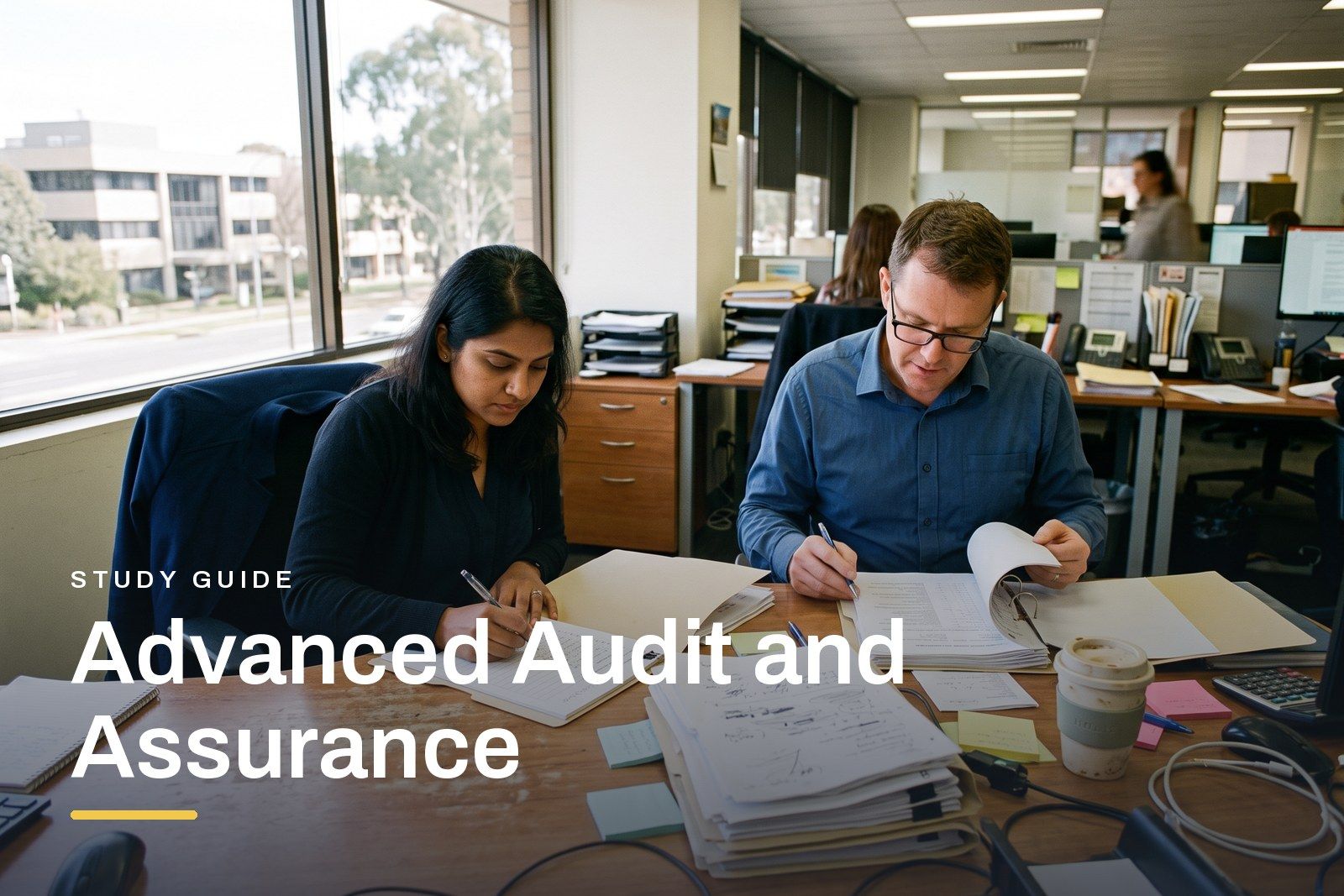 Advanced Audit and Assurance study guide header, two auditors in a bright Australian office reviewing working papers together, files and a laptop on the desk.