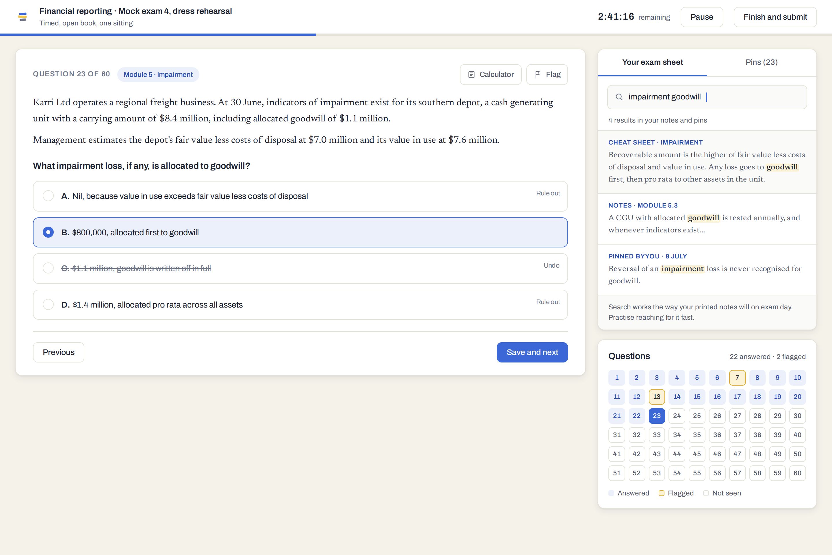 The practice exam player showing a timed question, answer options and a searchable exam sheet panel on the right.