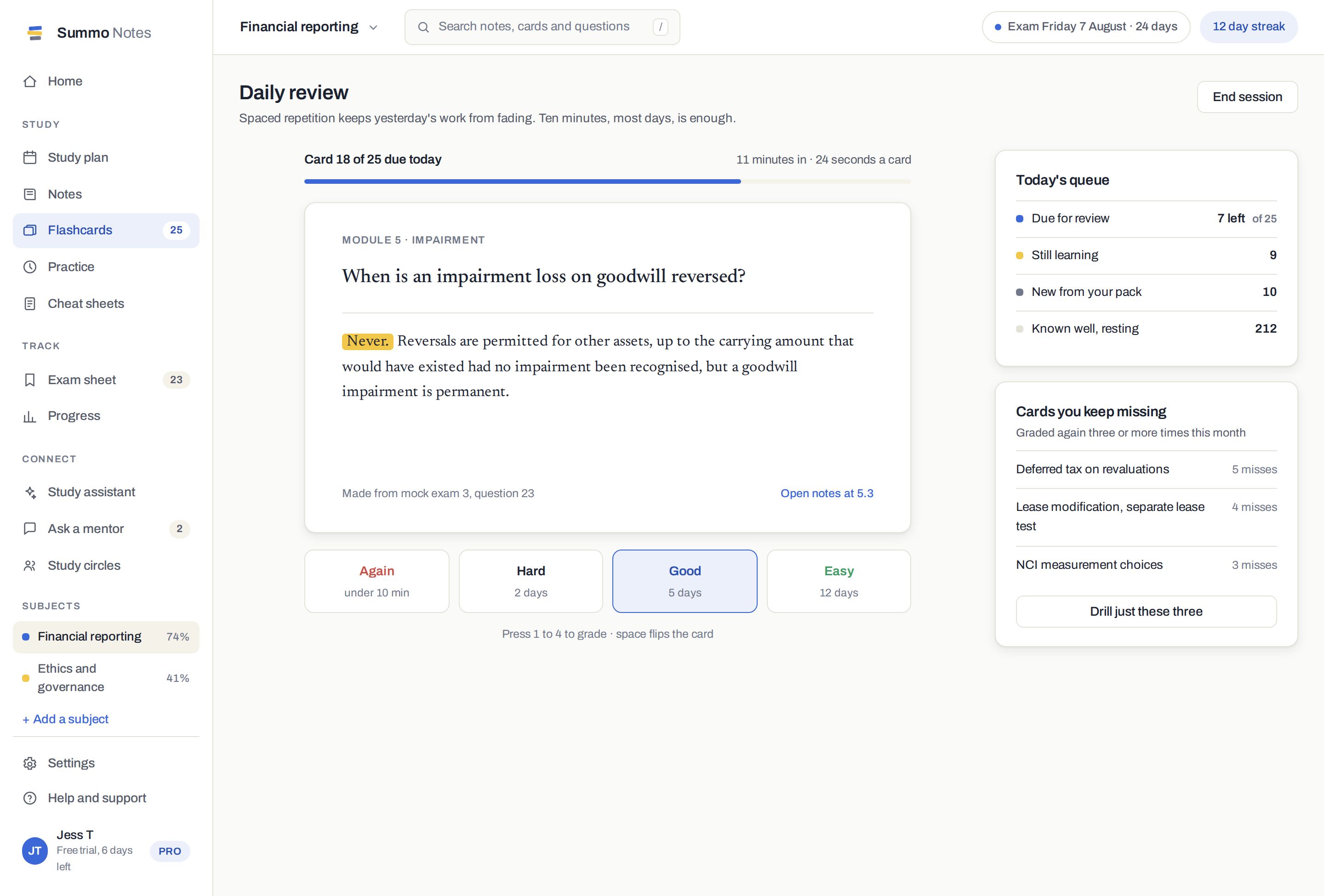 The flashcards screen showing a question, its answer and four spaced-review grading options.