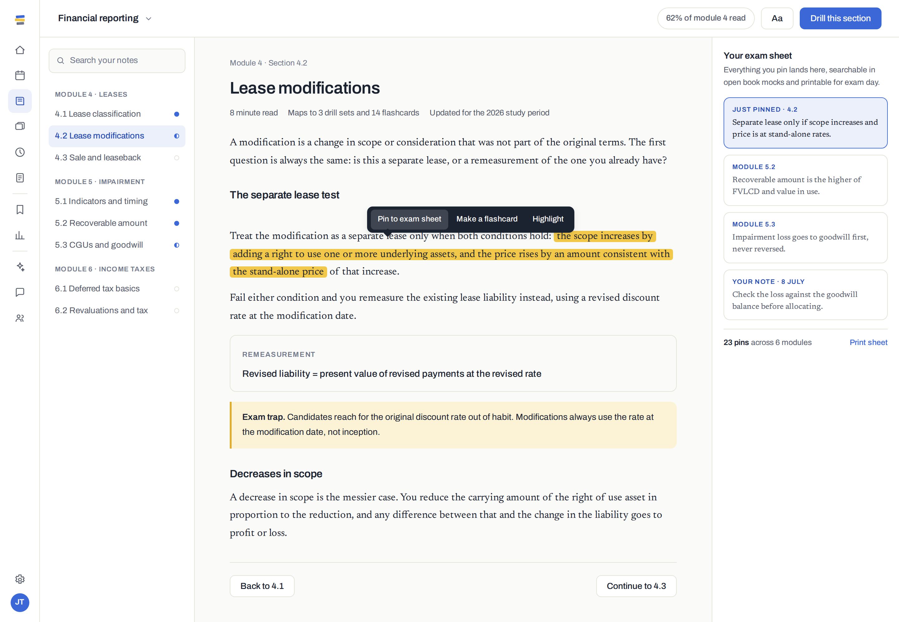 The notes reader with an outline, a highlighted passage and an exam sheet panel collecting pinned points on the right.