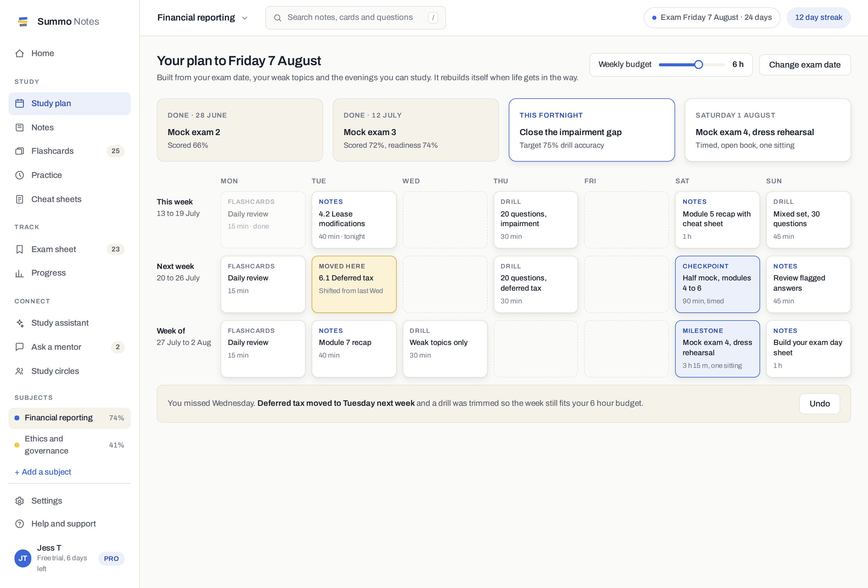 The study planner showing milestones and a week-by-week schedule of notes, drills, flashcards and mock exams.