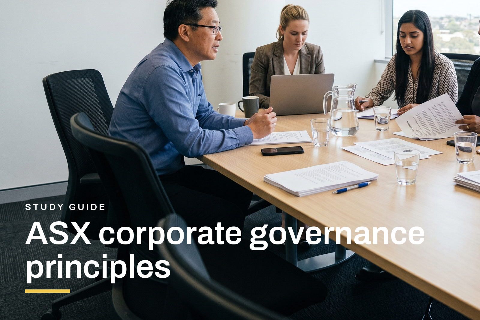 ASX corporate governance principles header, a board meeting in progress in an Australian office, printed papers across the table and one person speaking.
