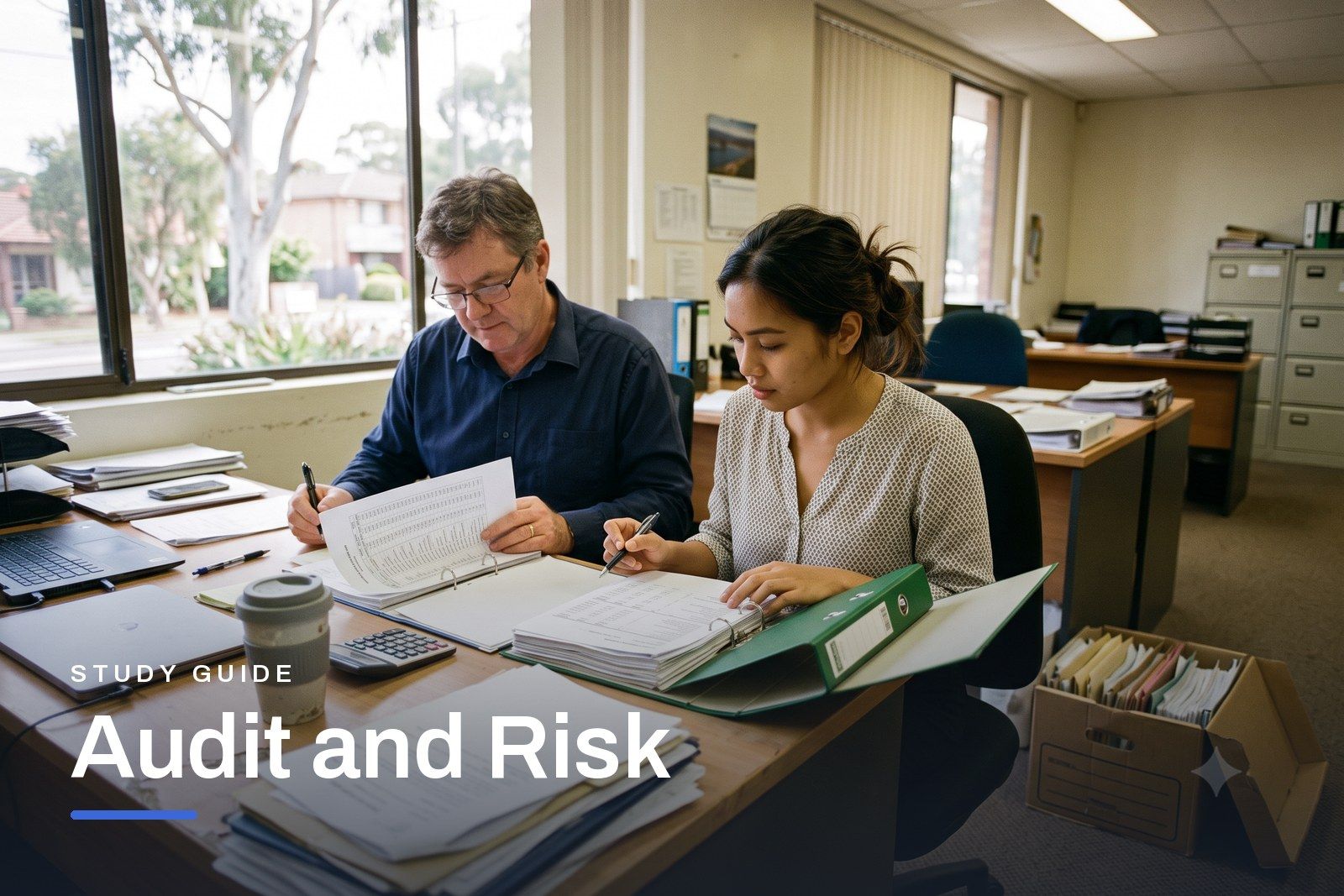 Audit and Risk study guide header, an auditor reviewing working papers and a laptop in a bright Australian office.