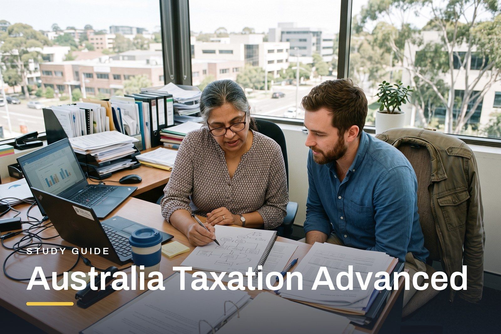 Australia Taxation Advanced study guide header, two tax advisers in a bright Australian office reviewing a complex client structure, printed schedules and a laptop on the desk.