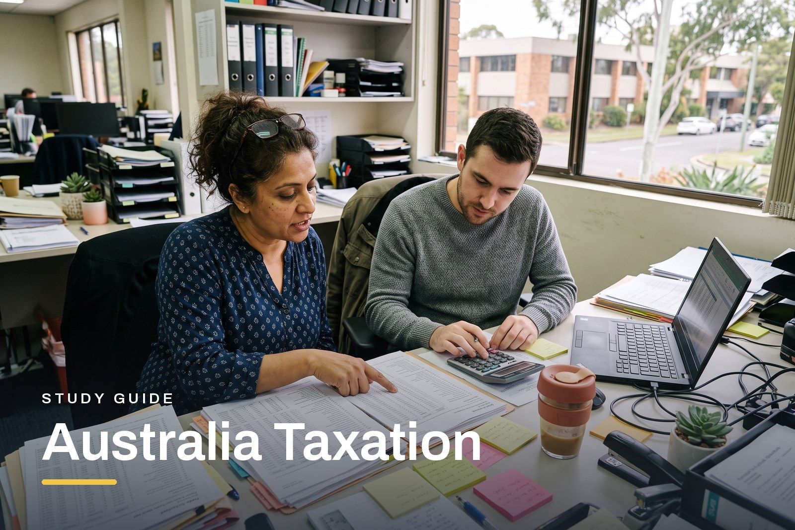 Australia Taxation study guide header, two tax professionals in a bright Australian office working through a return together, printed schedules and a laptop on the desk.