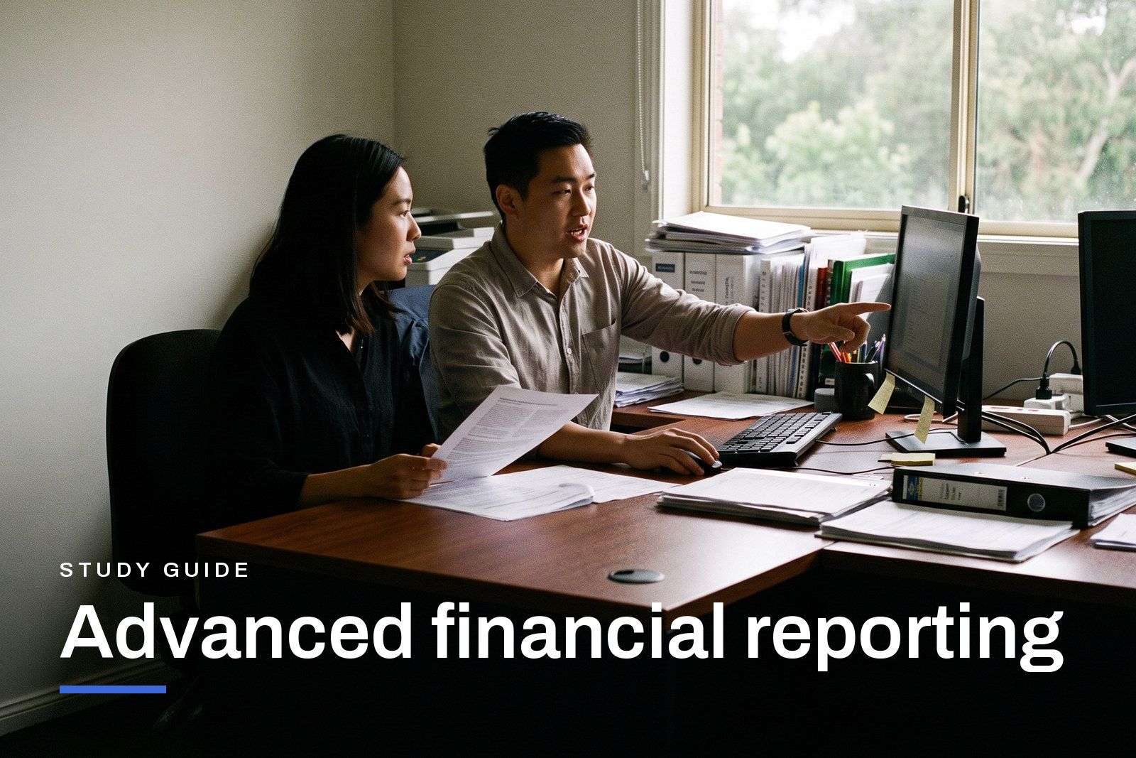 Advanced financial reporting study guide header, two colleagues working through a group consolidation together at a desk in an Australian office.