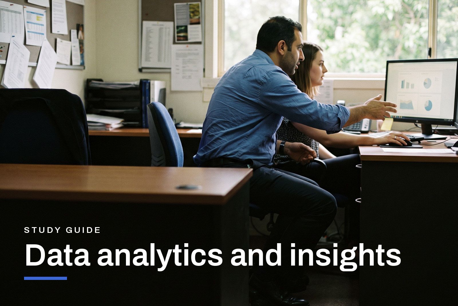 Data analytics and insights study guide header, two colleagues reading a dashboard together on a monitor in an Australian office.