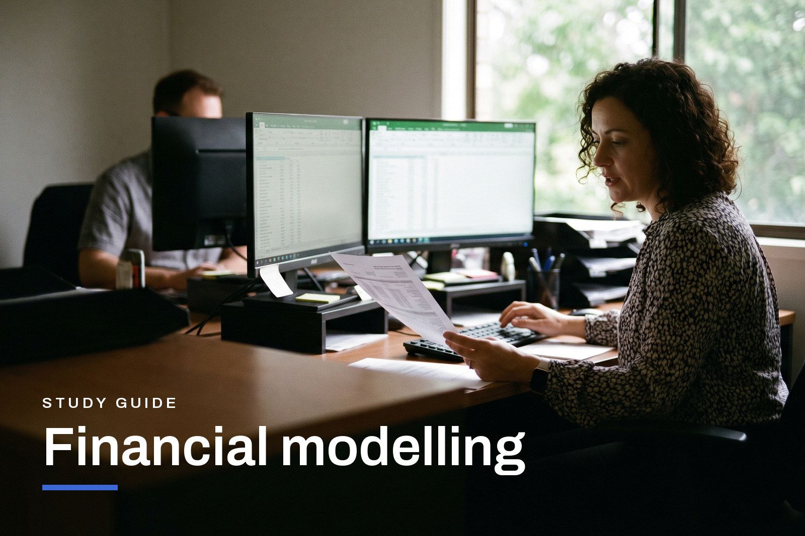 Financial modelling study guide header, an analyst building a forecast model at her desk in an Australian office, checking a printed page of assumptions against the screen.