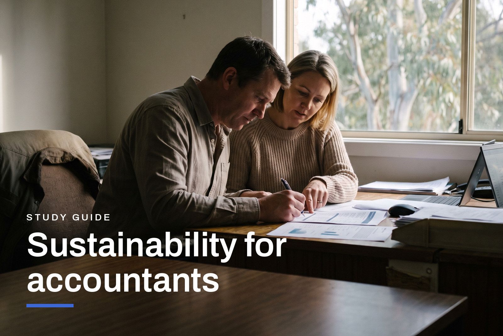 Sustainability for accountants study guide header, two colleagues working through emissions data on a printed report at a desk in an Australian office.