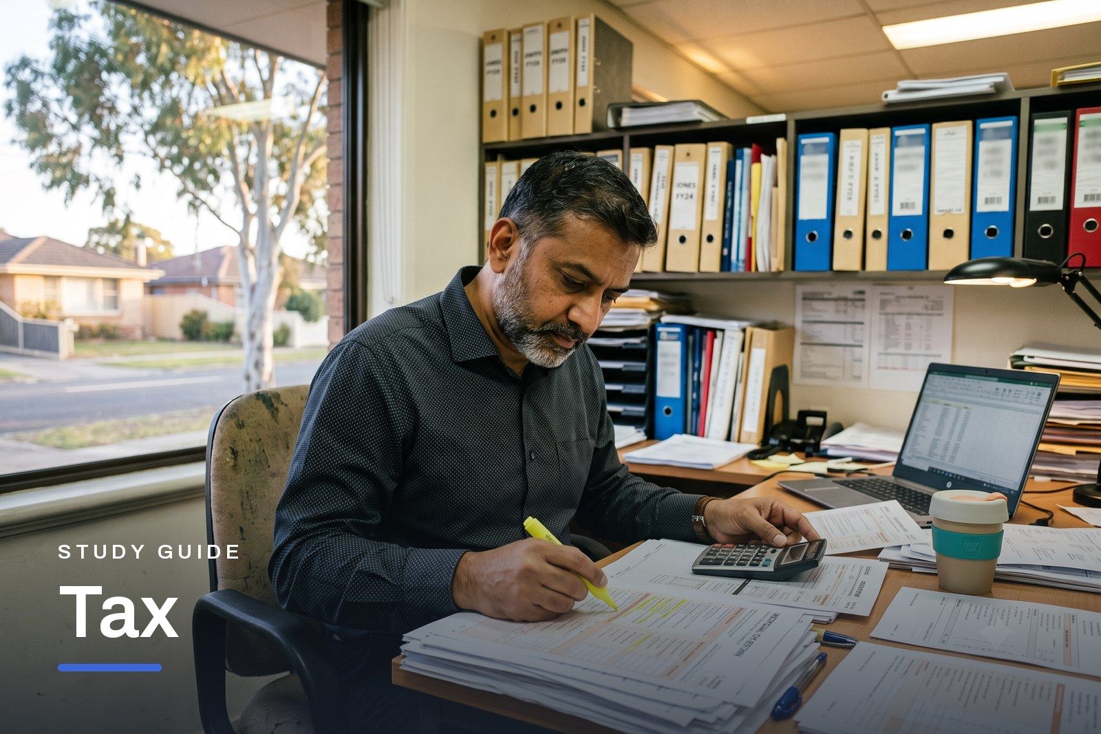 Tax study guide header, an accountant at a desk in an Australian office working through a tax return beside a laptop.