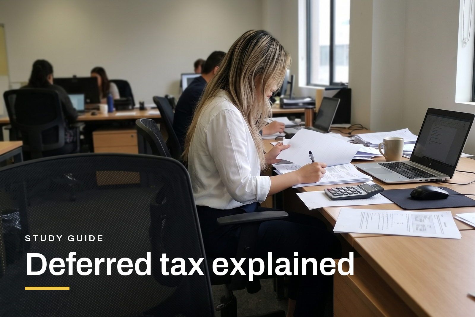 Deferred tax explained header, an accountant at a desk working through a tax reconciliation on paper beside a laptop, in a bright Australian office.