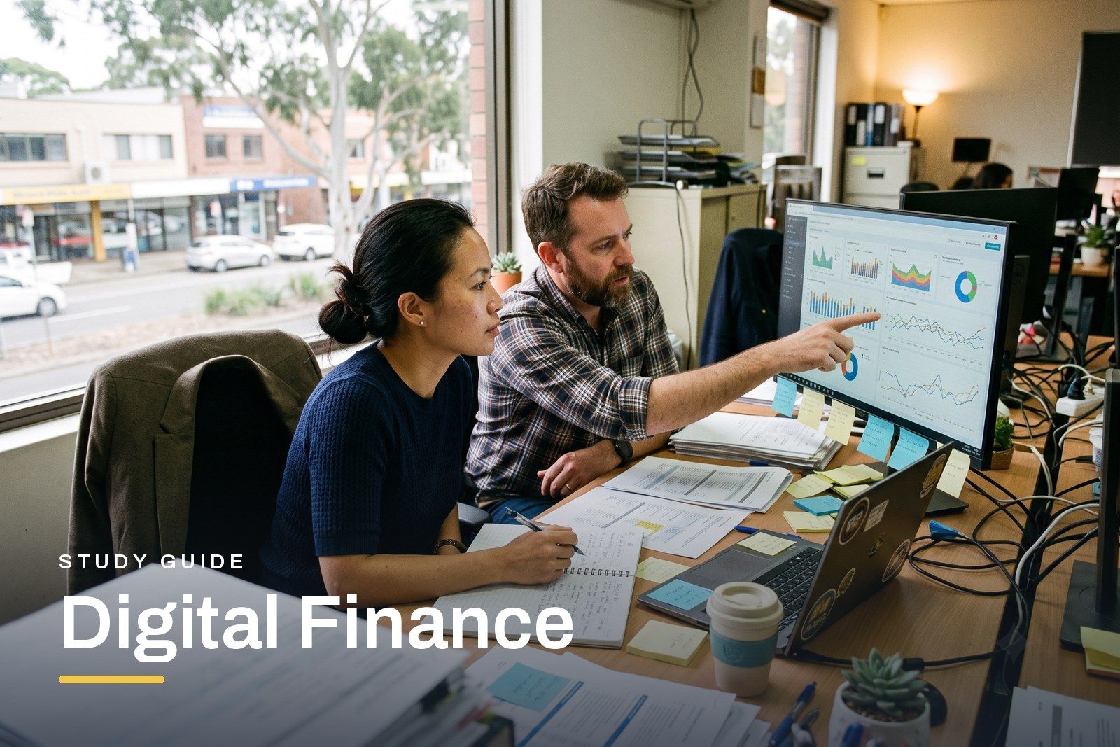 Digital Finance study guide header, two analysts in a bright Australian office reading data dashboards on a screen together, notes and a laptop on the desk.