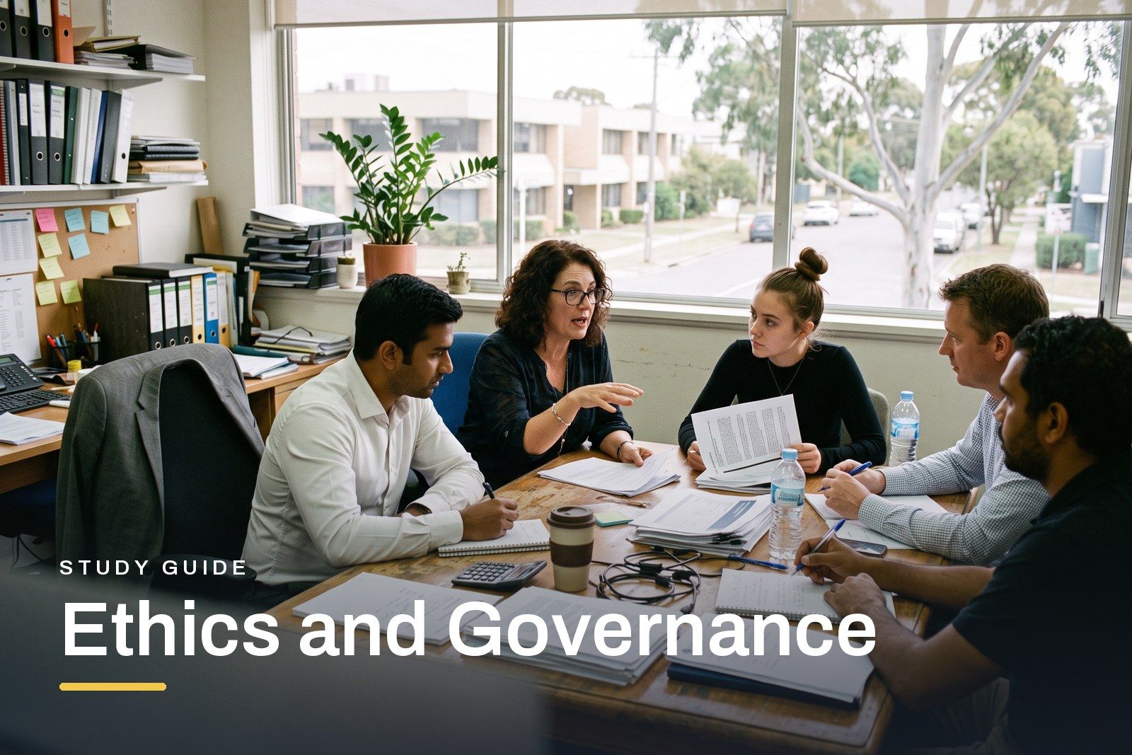 Ethics and Governance study guide header, a group of professionals around a table in a meeting in a bright Australian office, one person mid-discussion with printed reports in front of them.