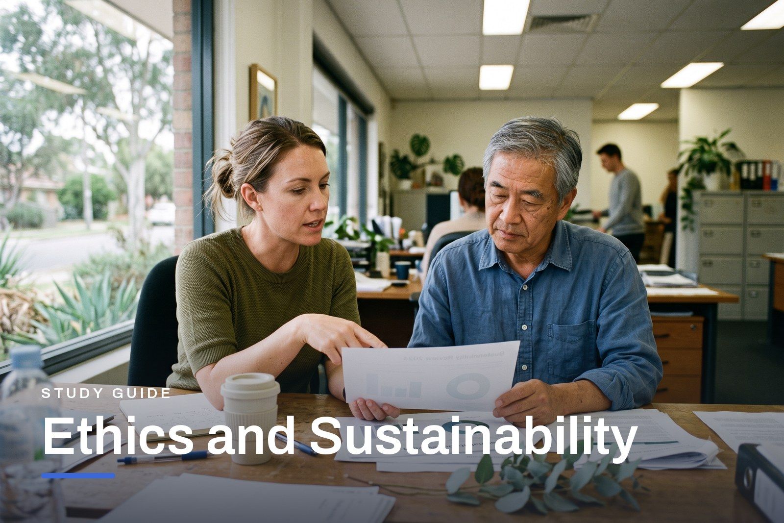 Ethics and Sustainability study guide header, colleagues discussing a professional judgement around a table in an Australian office.