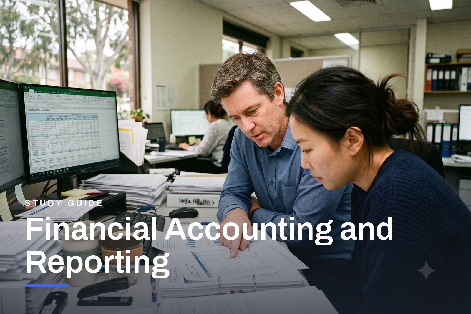 Financial Accounting and Reporting study guide header, an accountant in a bright Australian office reviewing printed financial statements next to a laptop showing a spreadsheet.