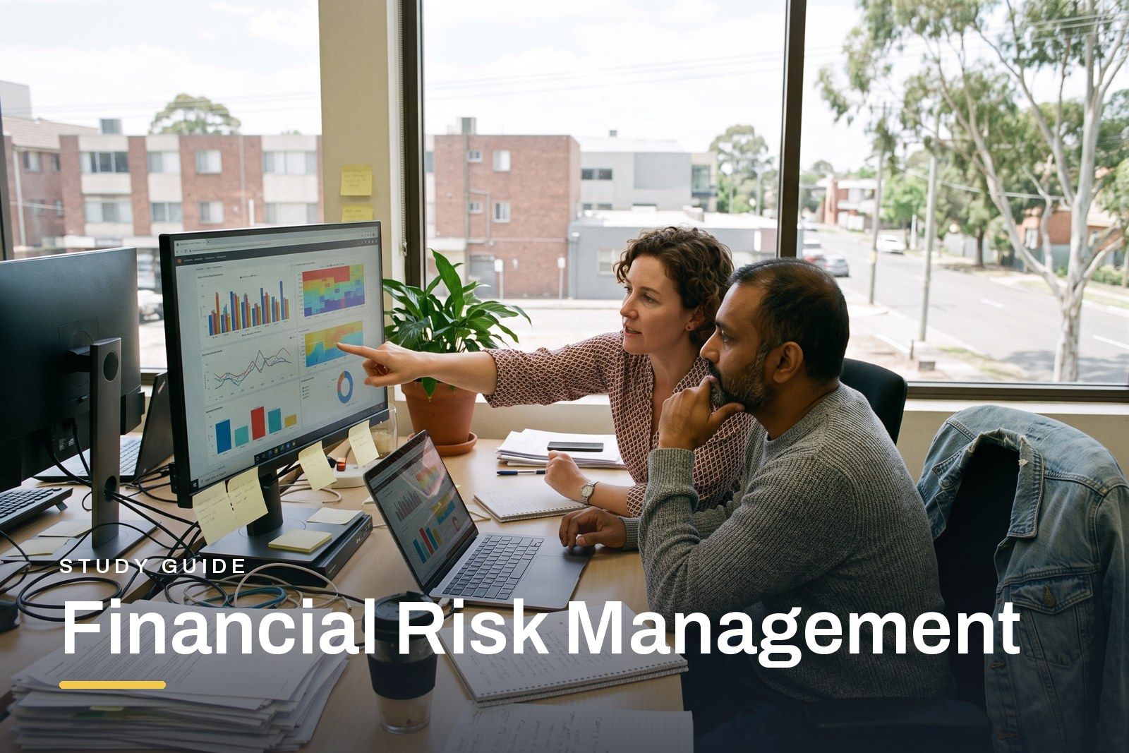 Financial Risk Management study guide header, two finance professionals in a bright Australian office reviewing market data and charts on a screen, notes on the desk.