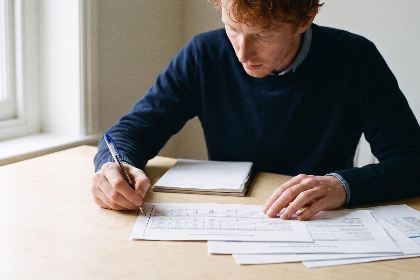 A man at a home desk marking one line in the margin of a printed sheet with a fountain pen.
