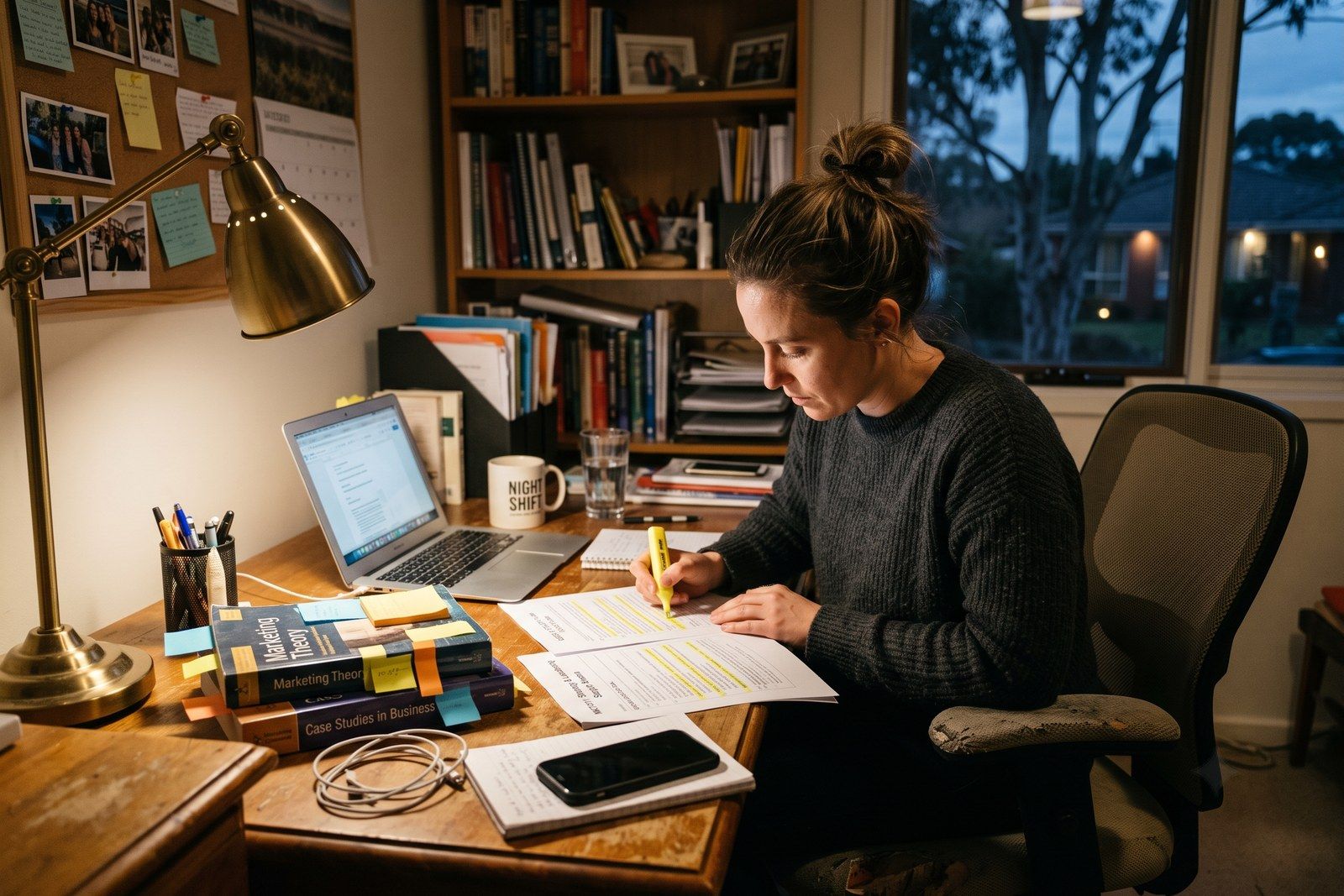 How to find the topics that carry the marks header, a working professional at a home desk in the evening highlighting priorities across printed study notes, with a desk lamp and a laptop nearby.