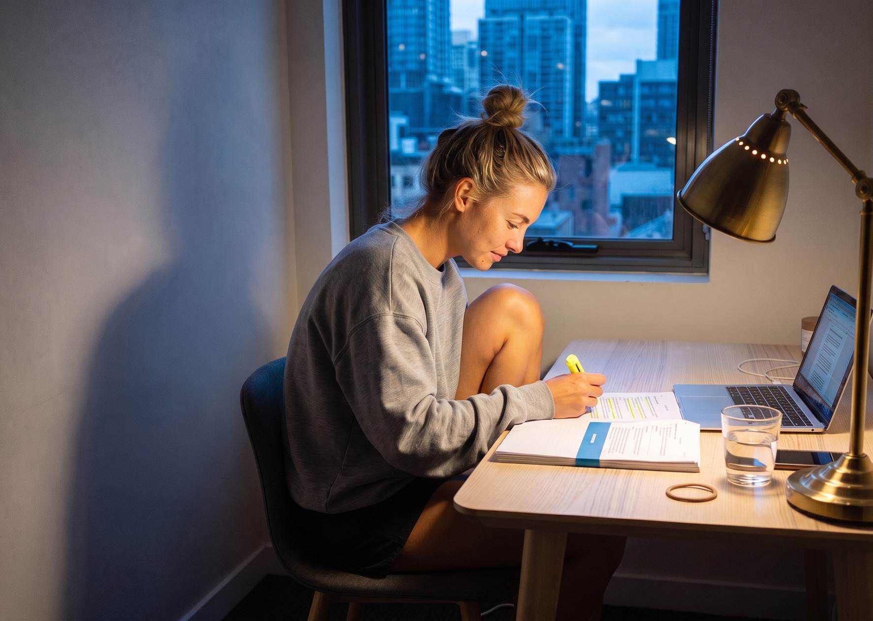 A woman highlighting a line of her study notes at her desk after work, the city behind her at dusk