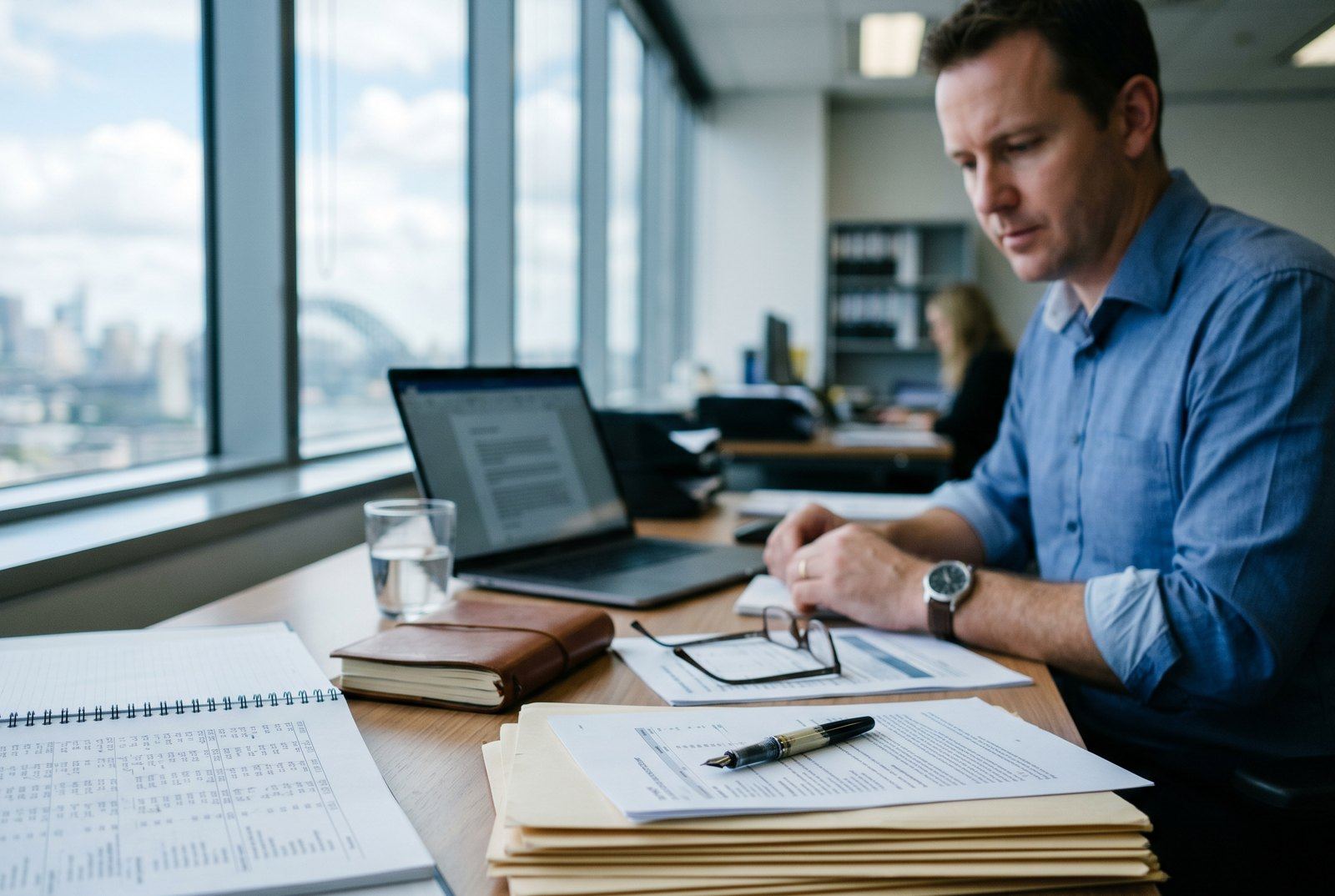 A person reviewing printed financial statements at a desk by a city window