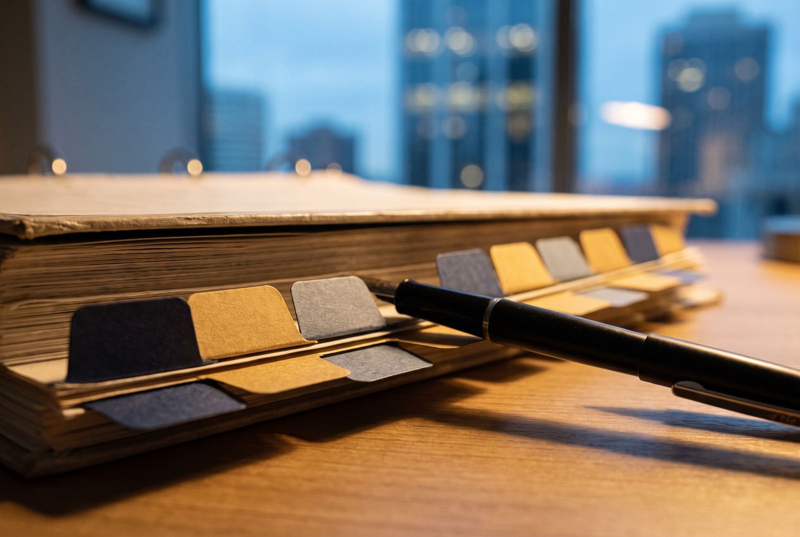 Coloured index tabs along the edge of a ring binder, a fountain pen across them, an office window at dusk behind