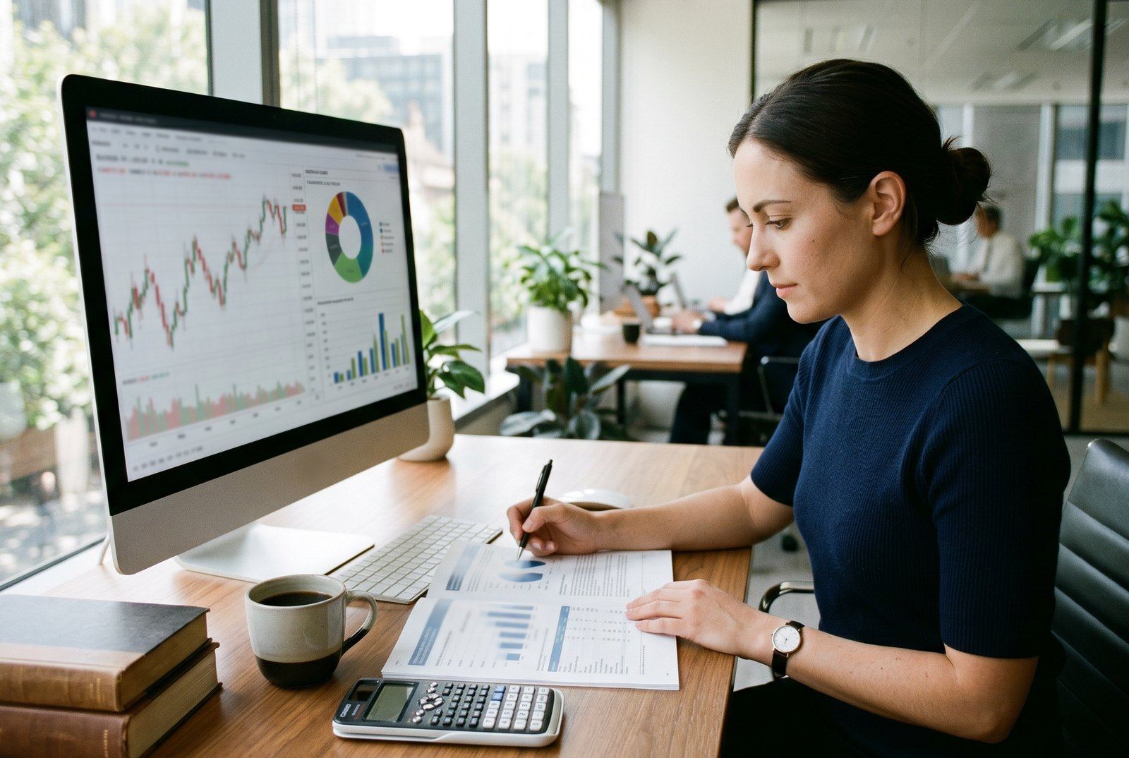 A person annotating a printed report beside a monitor of market charts in a bright office