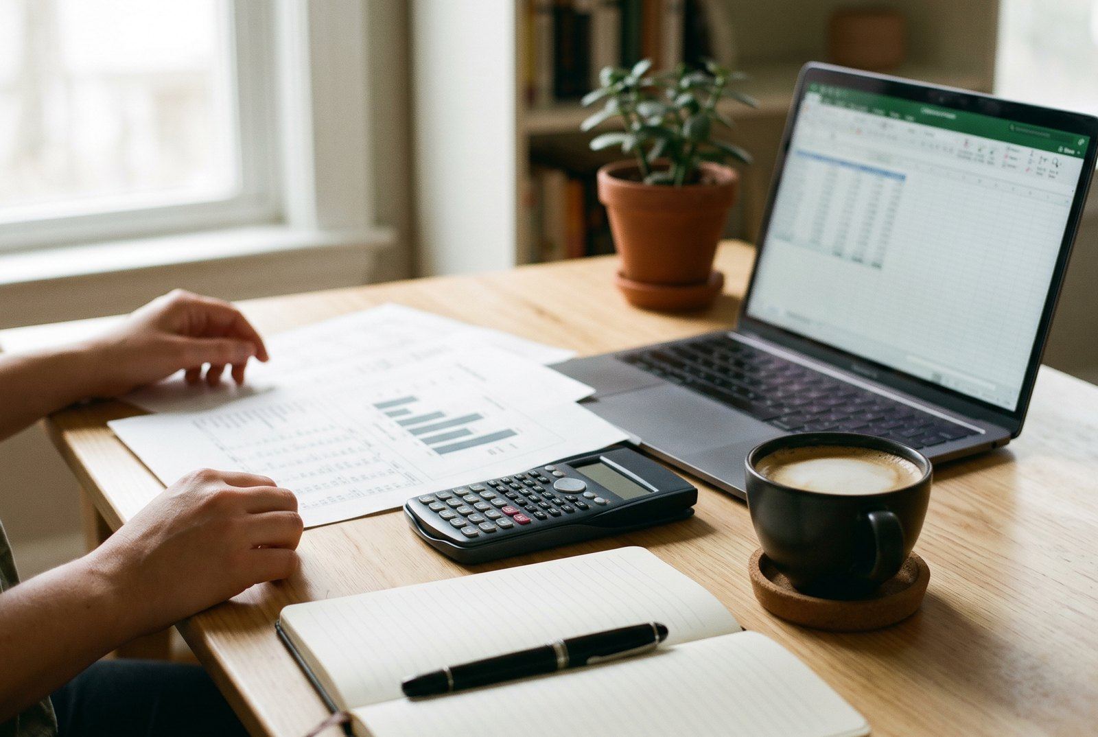 Hands working through printed charts with a calculator, notebook and laptop on a sunlit desk
