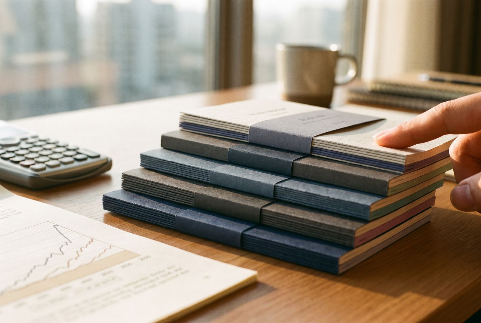 A stack of study packs on a desk beside a printed chart and a calculator, a fingertip on the top pack