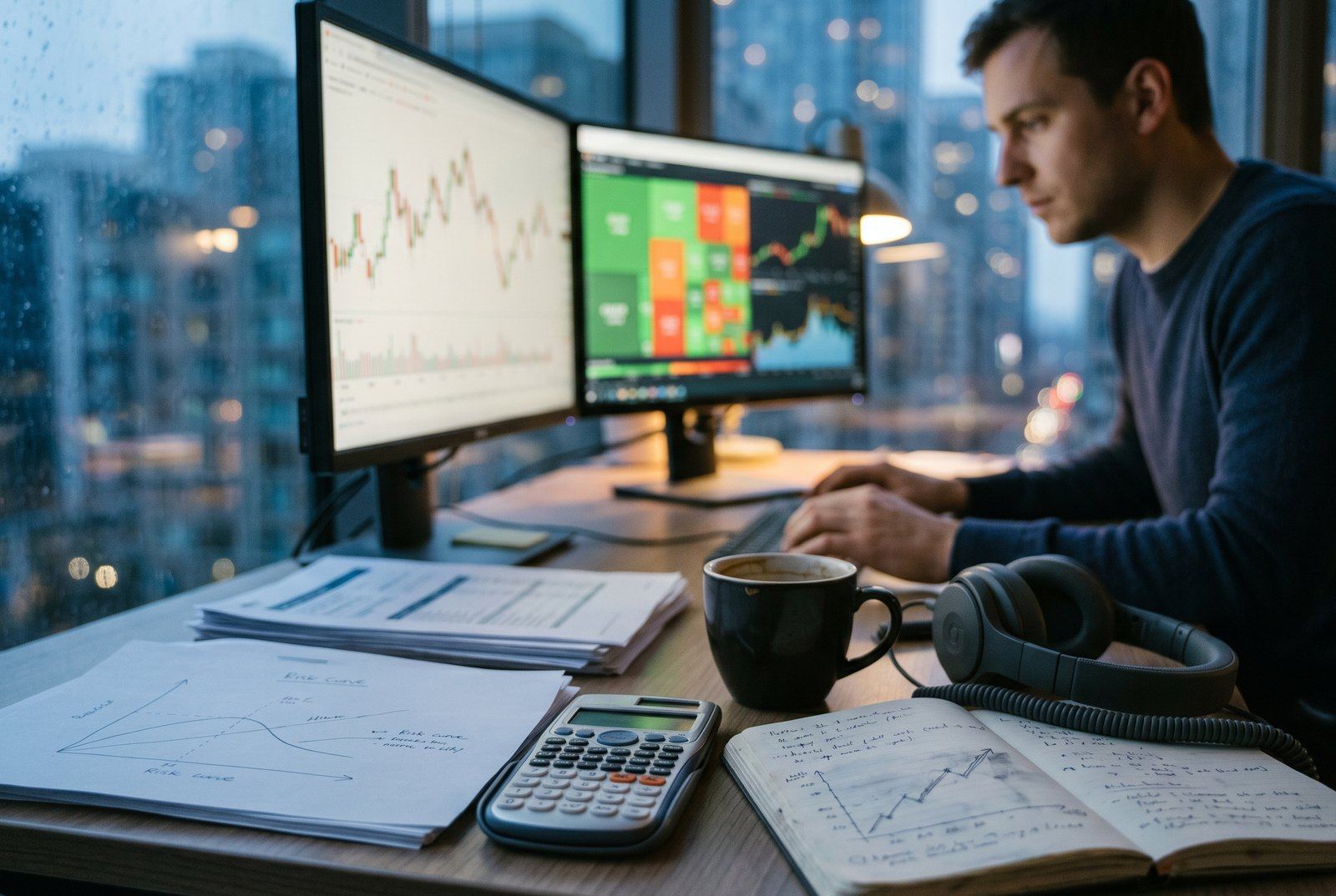 A person studying market charts on two screens at dusk, with notes and a calculator on the desk