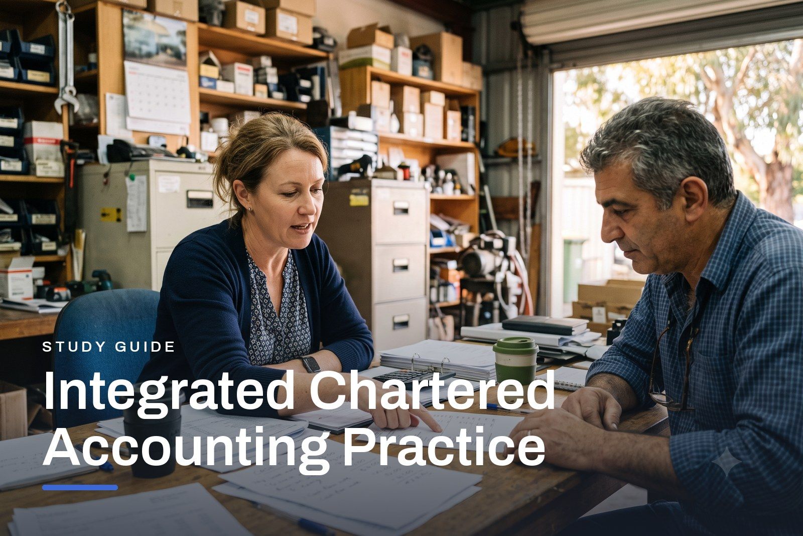 Integrated Chartered Accounting Practice study guide header, a small team reviewing a business case together in an Australian office.