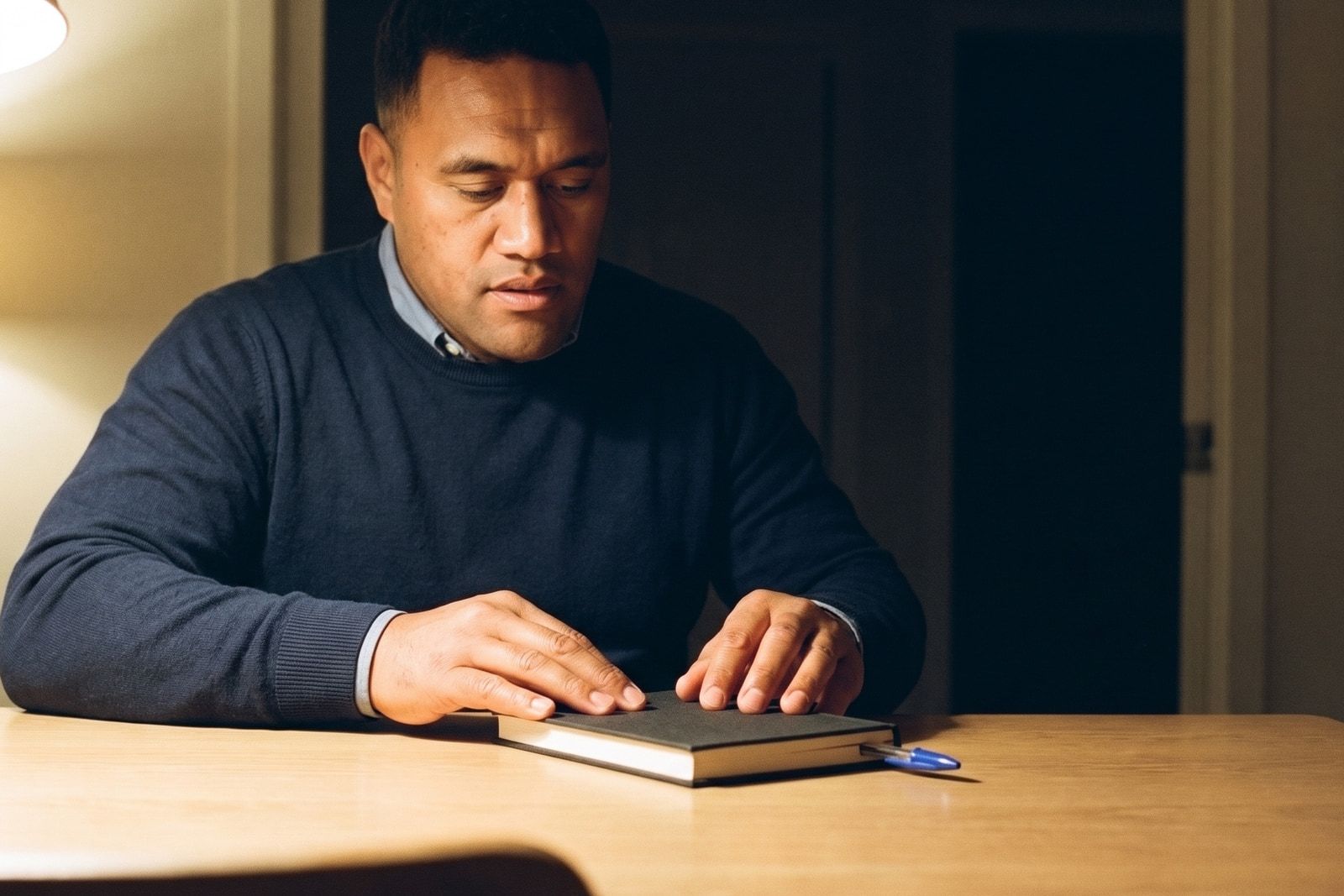 A man closing a linen notebook over a biro at a kitchen table at night, one lamp lighting it.