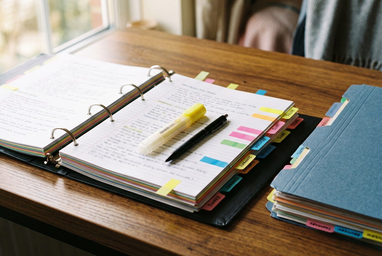 An open ring binder of handwritten notes with colour-coded index tabs and sticky flags, a highlighter and a pen resting on the page.