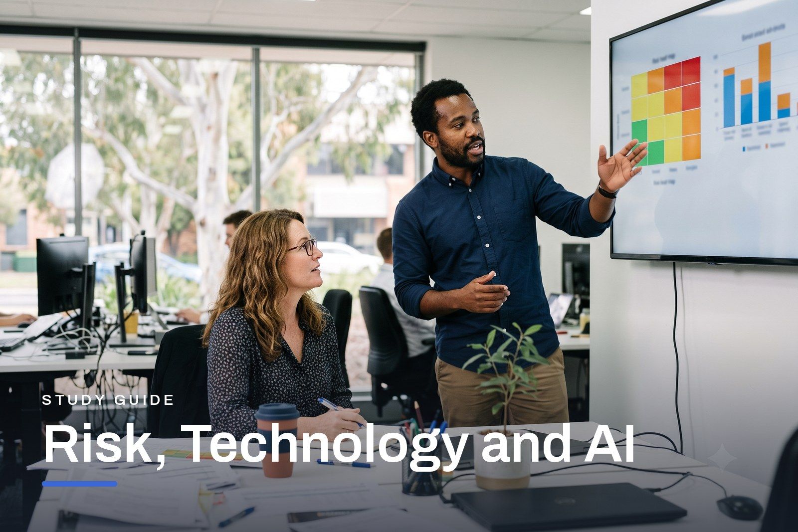 Risk, Technology and AI study guide header, a professional reviewing a risk register and dashboards on a laptop in an Australian office.