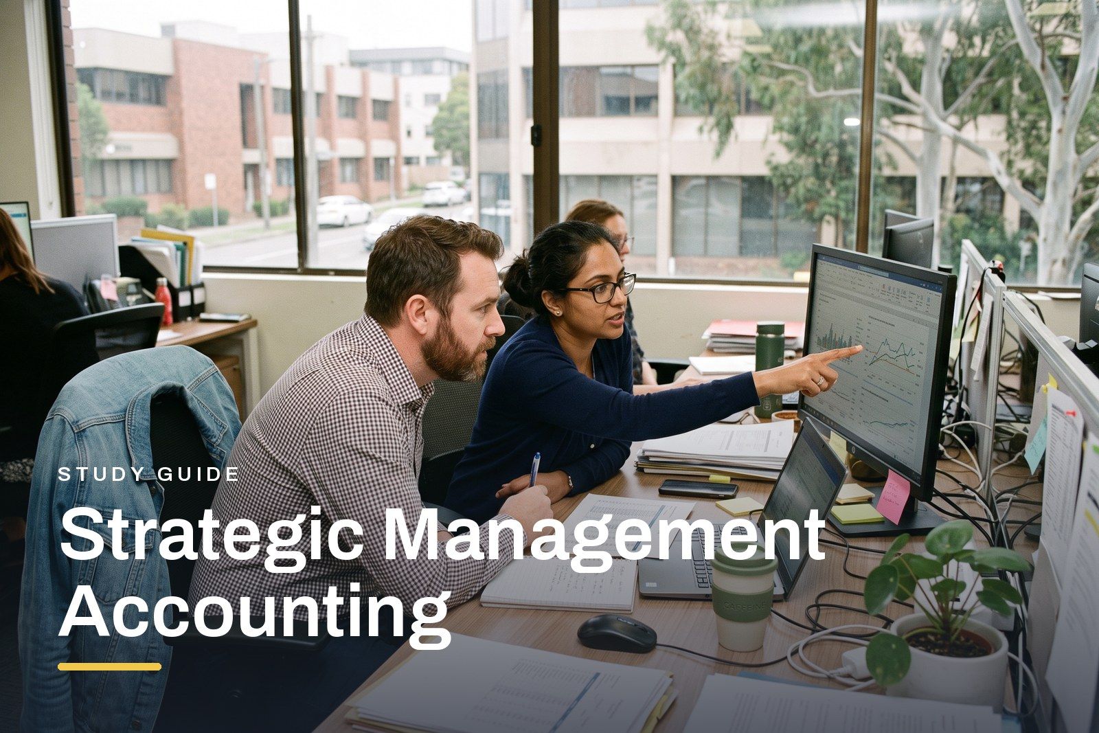 Strategic Management Accounting study guide header, two colleagues in a bright Australian office reviewing performance charts on a monitor, one pointing at a trend, with spreadsheets on the desk.