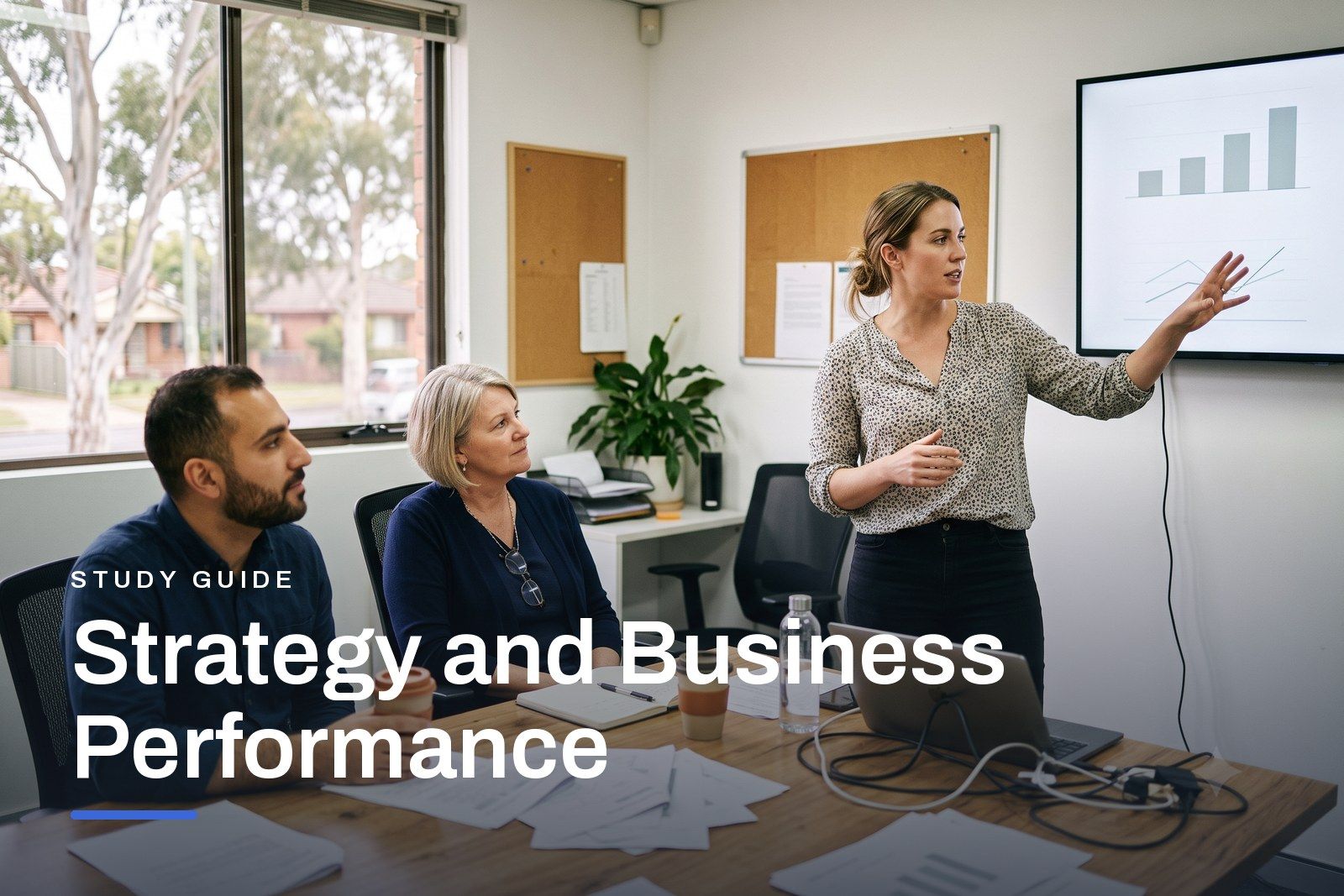 Strategy and Business Performance study guide header, two colleagues at a whiteboard mapping a business strategy in an Australian office.