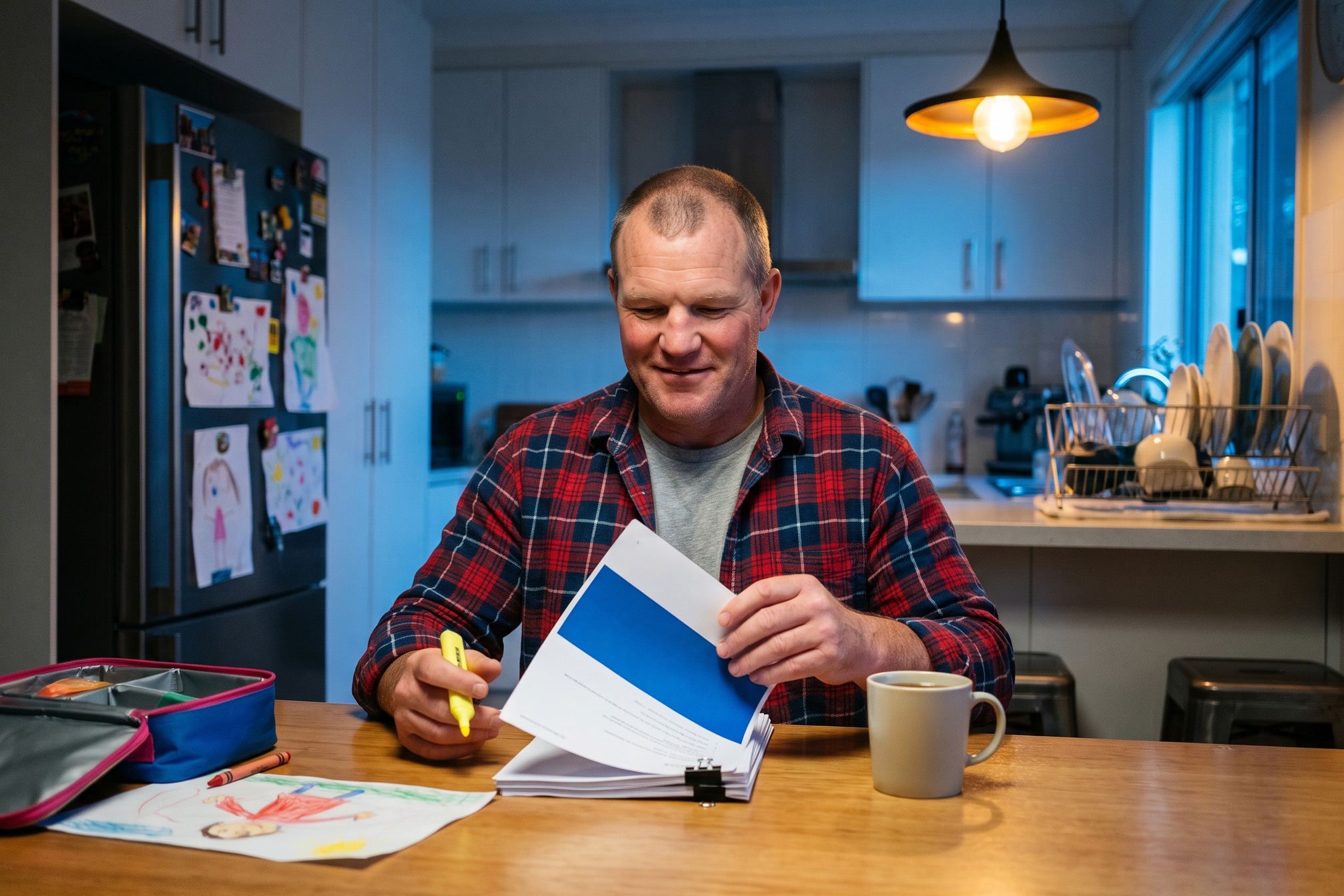 A father opening his study notes at the kitchen table after dinner, the kids' drawings on the fridge behind him